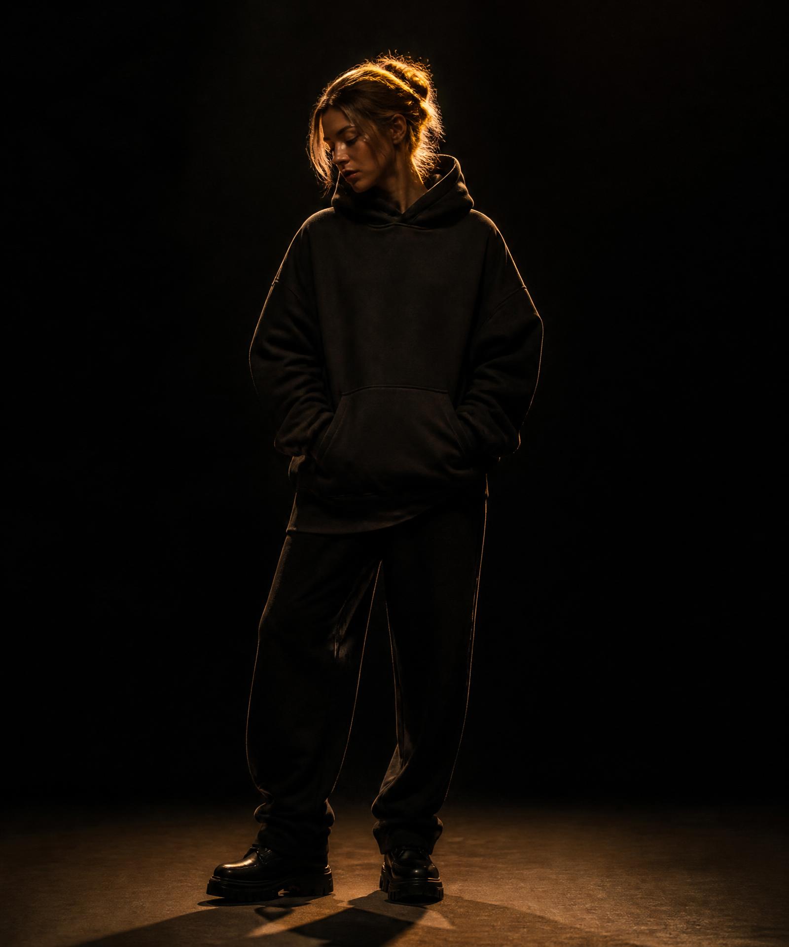 Model in the Onyx heavyweight hoodie under gold light
