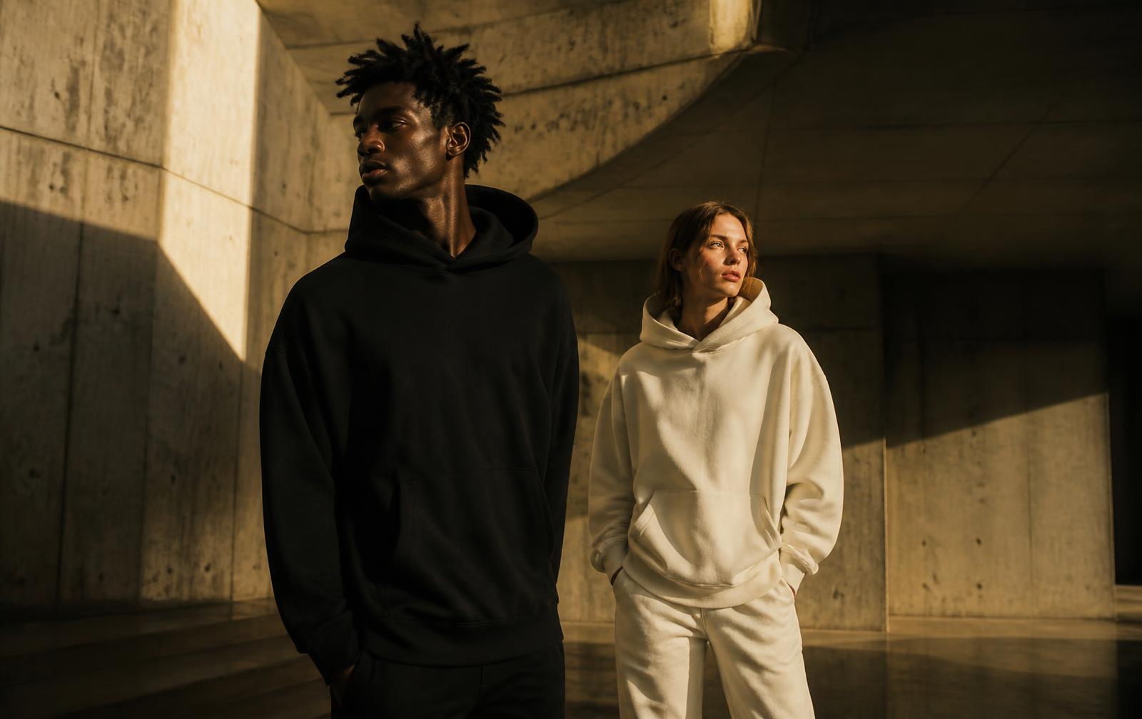 Two models in Ryvora hoodies in a concrete interior